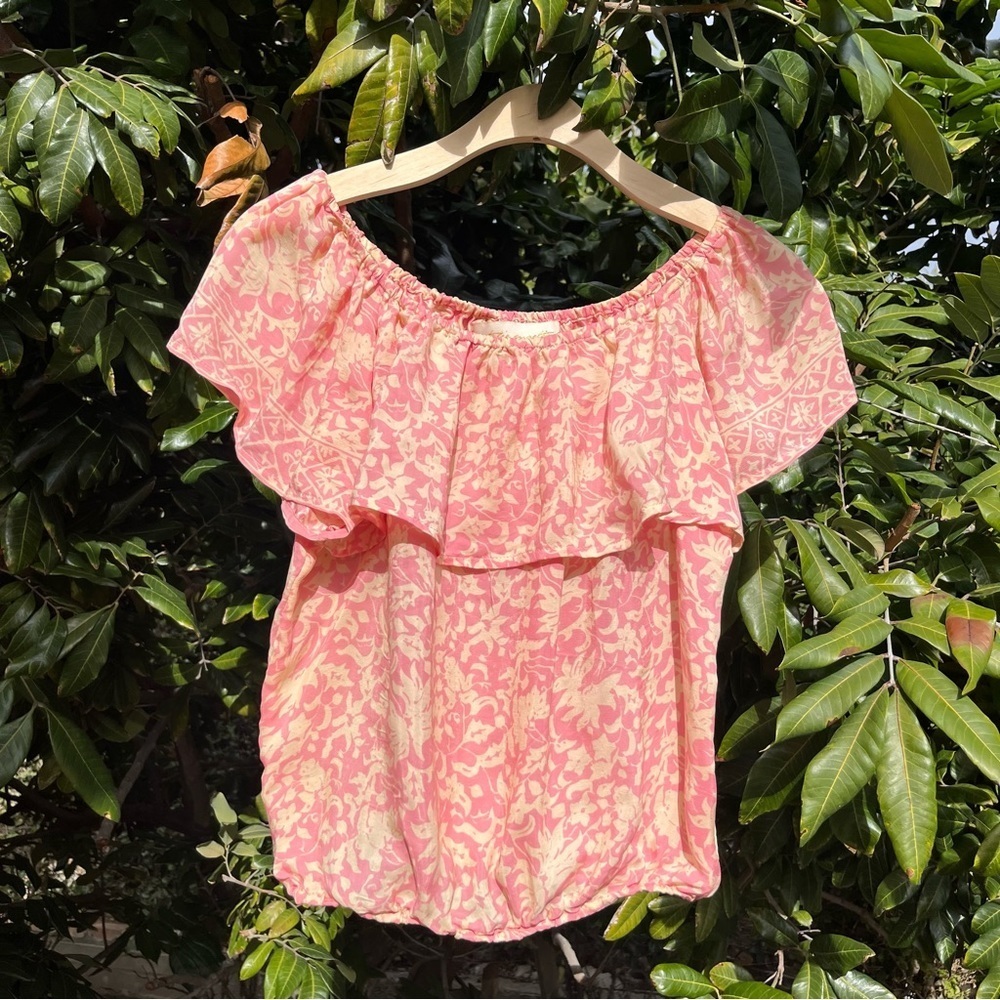 NATALIE MARTIN pink cream floral print silk short sleeve off‎ shoulder crop top